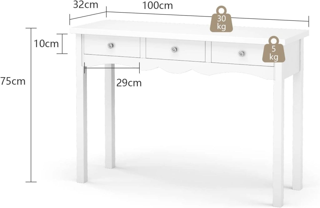 Tavolo Consolle, con 3 Cassetti, Console e Tavoli da Divano, Design Compatto e Stretto, Ingresso, Salotto, Salvaspazio e Moderno, Portata di 45 kg, 100x32x75 cm (Bianco)