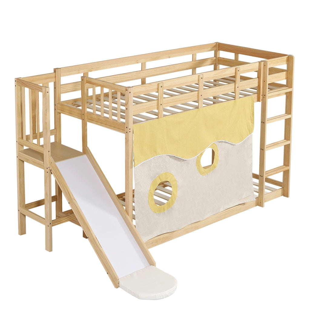 Letto a castello 90x200 cm con scivolo; tenda e scala in MDF e pino naturale