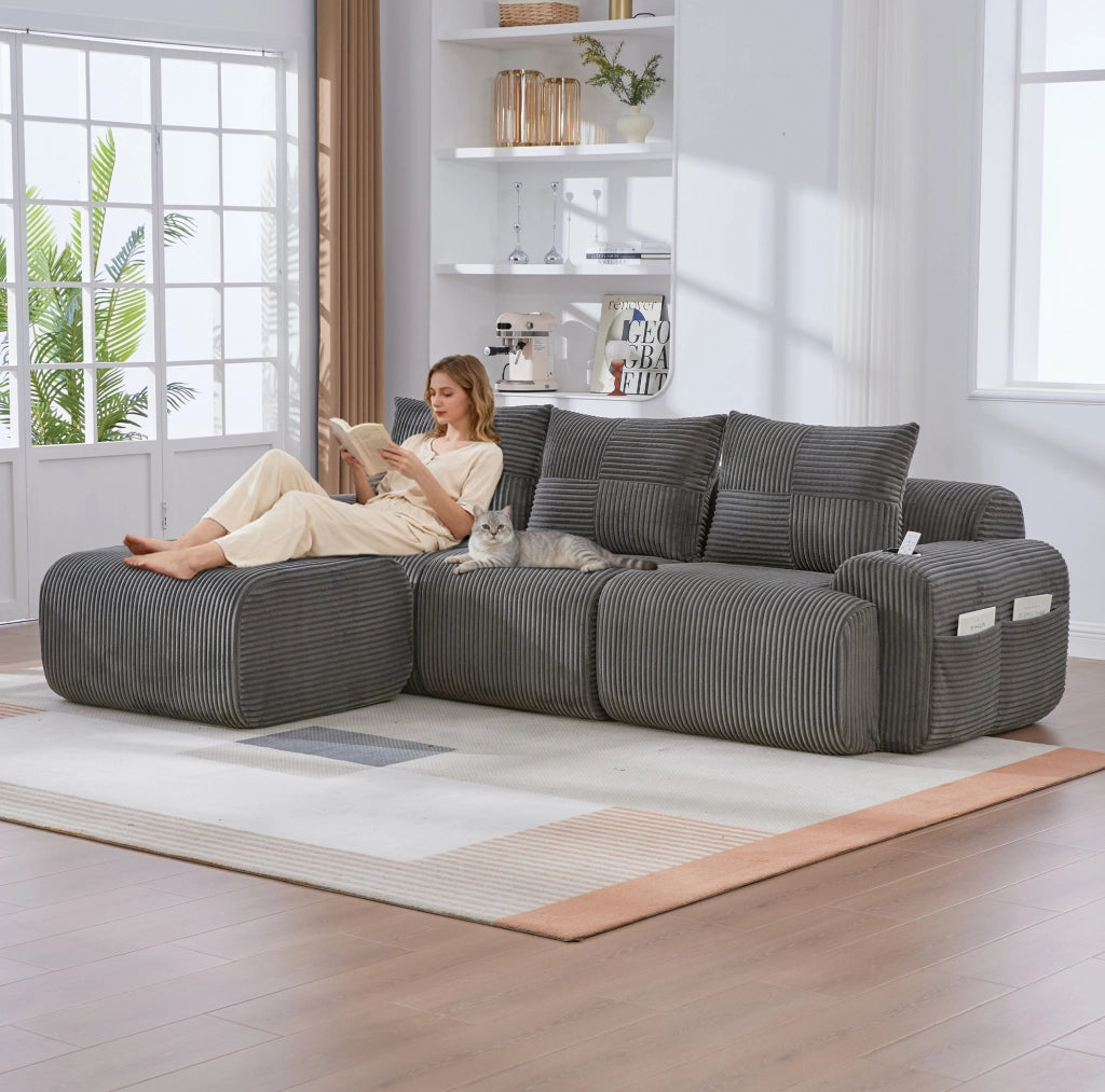 Divano modulare 268x174x80 cm con portabicchiere e tasca laterale in corduroy grigio scuro