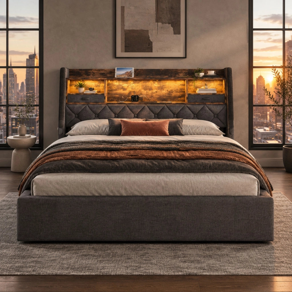 Letto matrimoniale 140x200 cm con contenitore; LED e USB; tessuto grigio