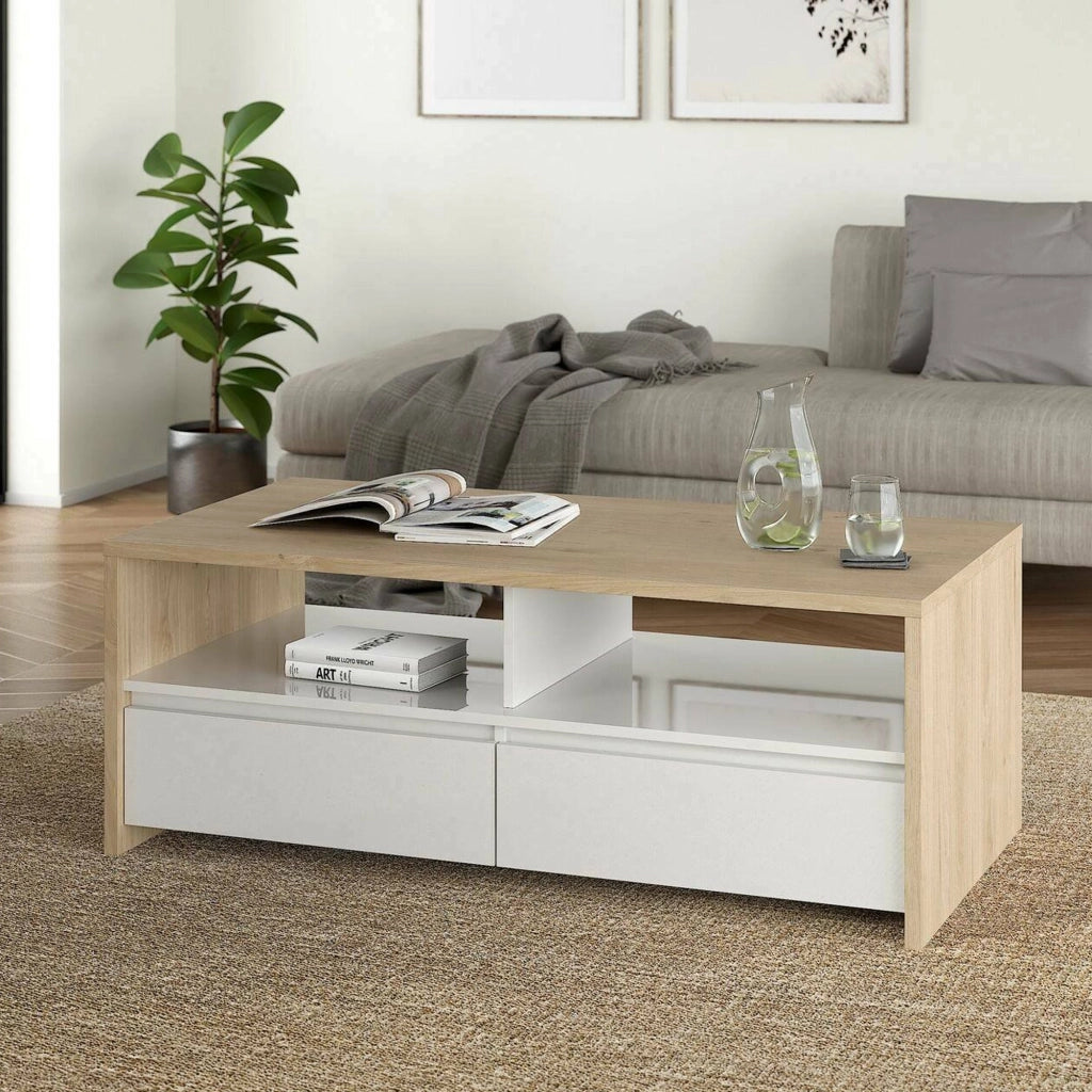 Tavolino da salotto Shote, Tavolo basso da caffè, Portariviste per divano, Ripiano da soggiorno, 120x60 h46 cm, Rovere e Bianco lucido