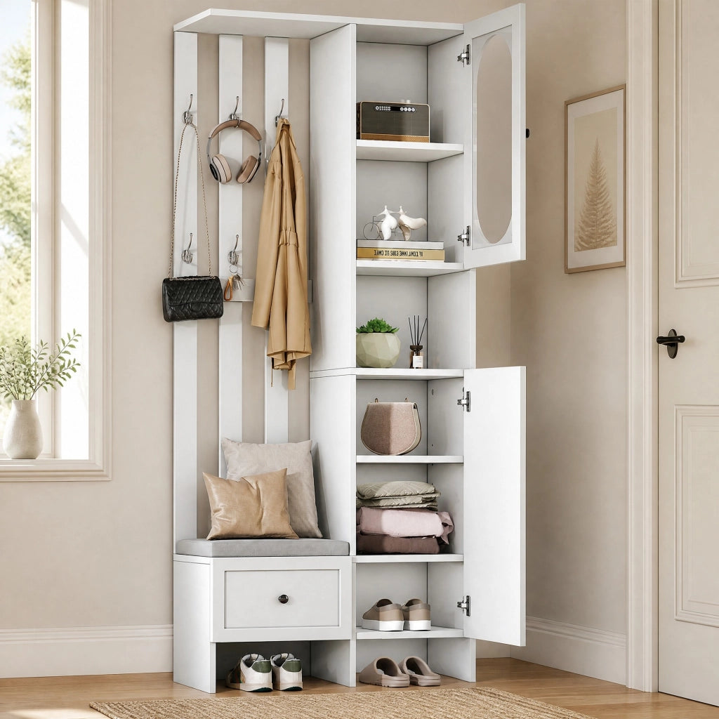 Armadio ingresso multifunzione 85 x 33;5 x 200 cm in truciolare bianco con ante in vetro temperato