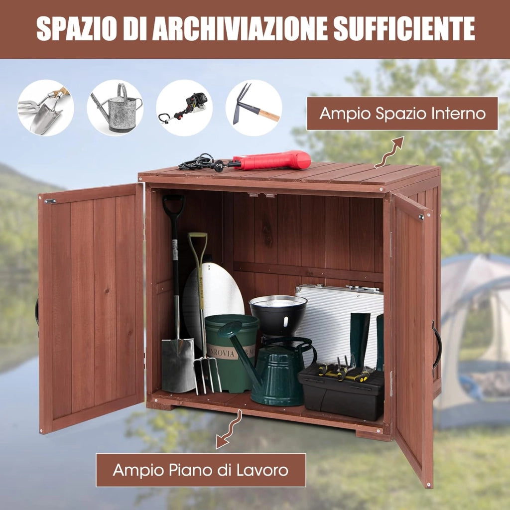 Casetta da Giardino in Legno di Abete, Capanno da Esterno con Doppie Ante Magnetiche e Comode Maniglie, Ideale per Giardino, Giardino, Fattoria e Cortile, 77 x 56 x 72 cm