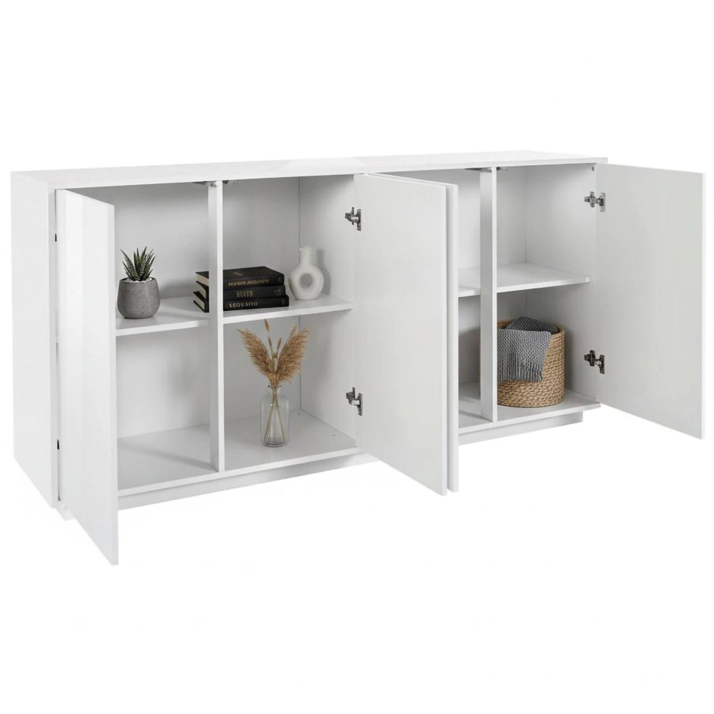 Credenza Aulina, Madia da cucina a 4 ante, Buffet da soggiorno, 100% Made in Italy, cm 180x41h86, Bianco lucido