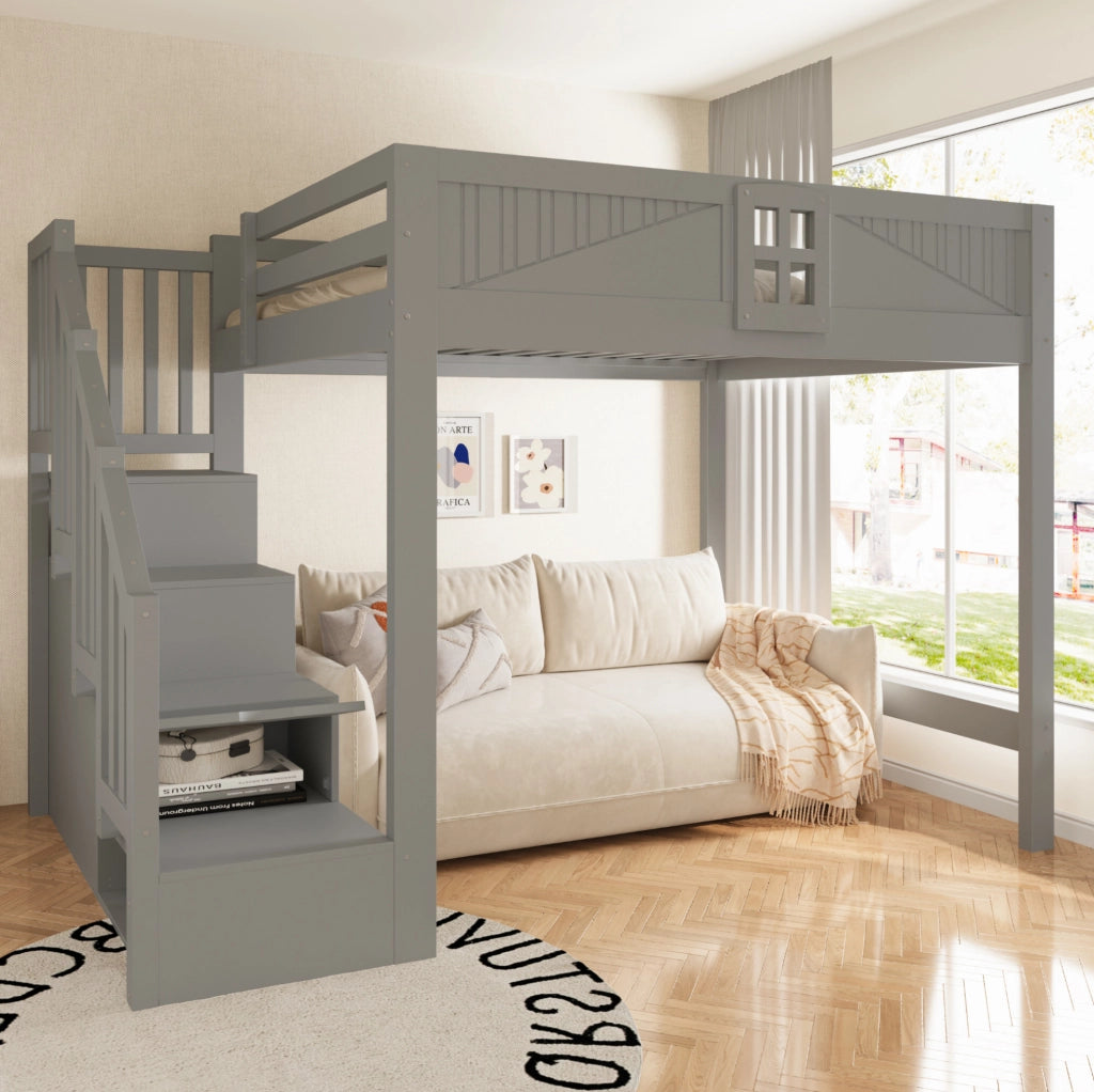 Letto a soppalco 140x200 cm in legno con scala contenitore reversibile