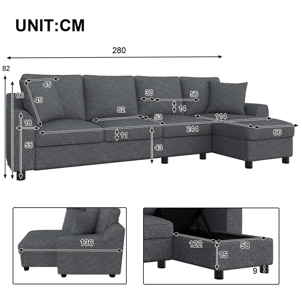 Divano angolare a L a 4 posti con chaise longue contenitore e schienale ribaltabile in chenille grigio 280 × 136 × 82 cm