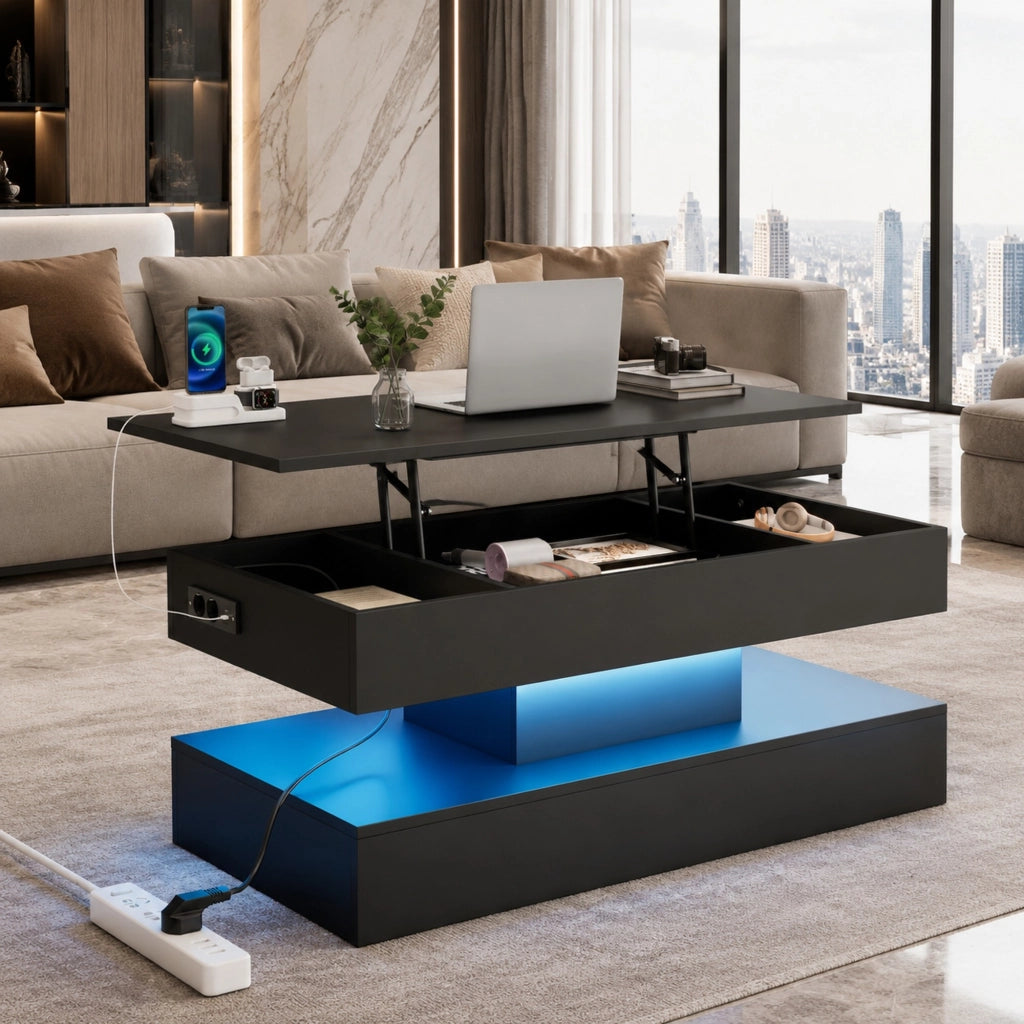 Tavolino da salotto sollevabile con LED, vano nascosto e prese EU integrate