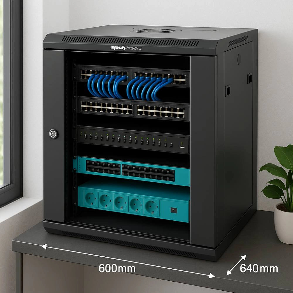 Armadio rack a parete mach power 12u 600x450x640 nero con ventola e montanti