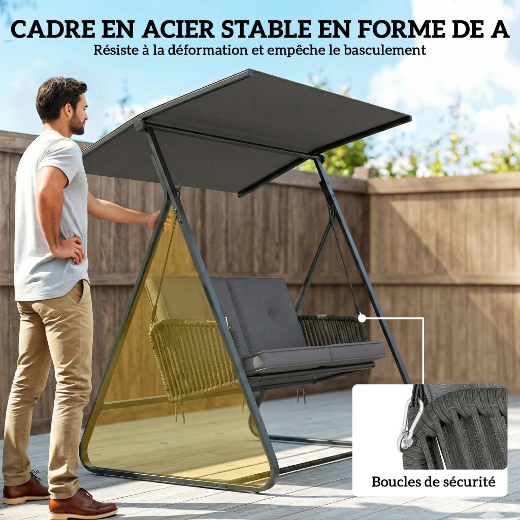 Balancelle da giardino 2 posti ¨C Zephmum ¨C Resina intrecciata grigia con cuscino e tetto regolabile