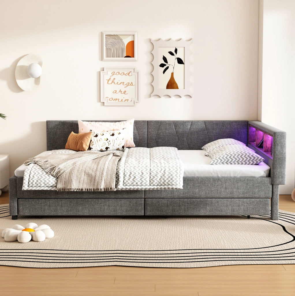 Letto da giorno 140x200 cm grigio con LED, USB-C e cassetti