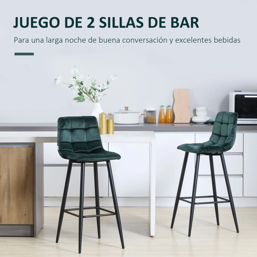 Set 2 Sgabelli Alti da Cucina ¨C Xylo ¨C Velluto Verde con Schienale e Poggiapiedi