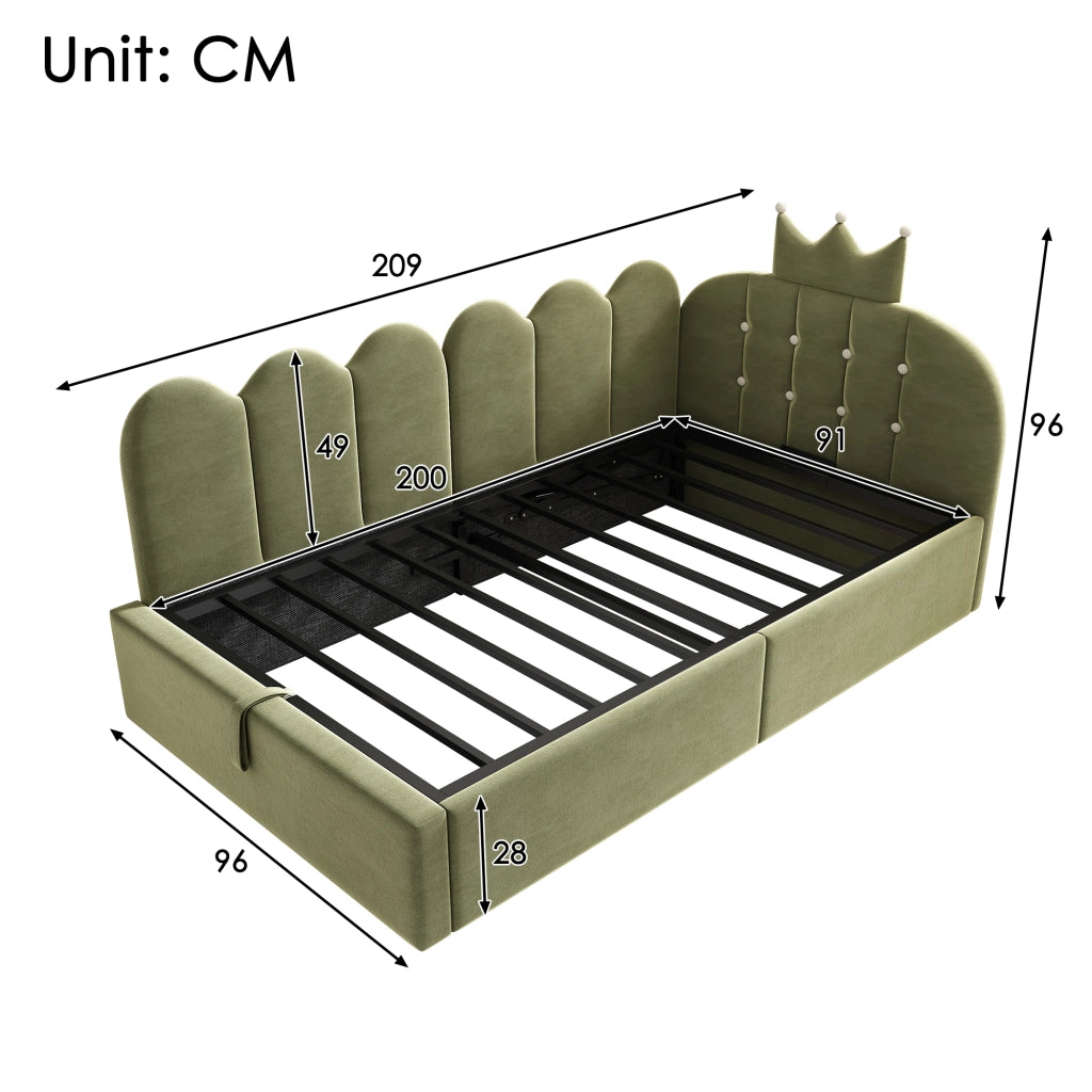 Divano letto contenitore 90 × 200 cm con sollevamento idraulico, senza materasso, in velluto verde