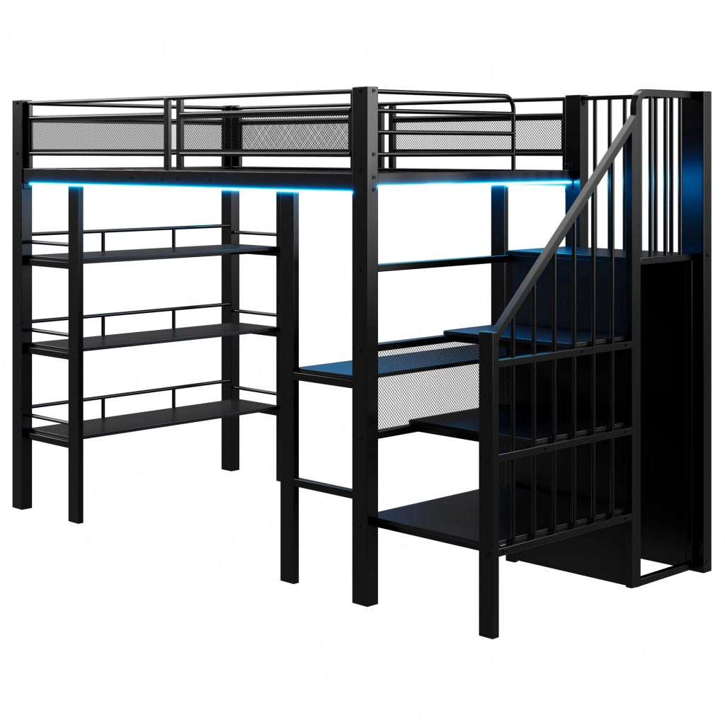 LETTO A CASTELLO 90x200 cm in metallo nero con scrivania e scaffale