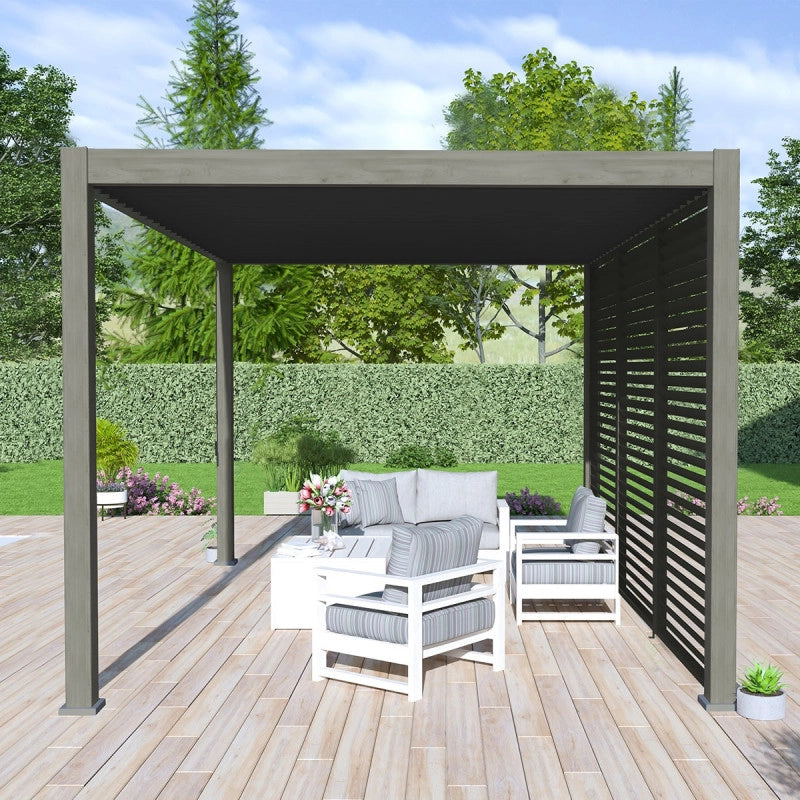 Pergola bioclimatica autoportante OMBREA - 3x4m - Effetto legno con lamelle grigie