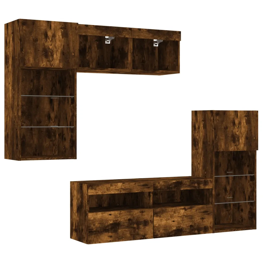 Mobili TV a Muro con LED 5pz Rovere Fumo in Legno Multistrato 3216729
