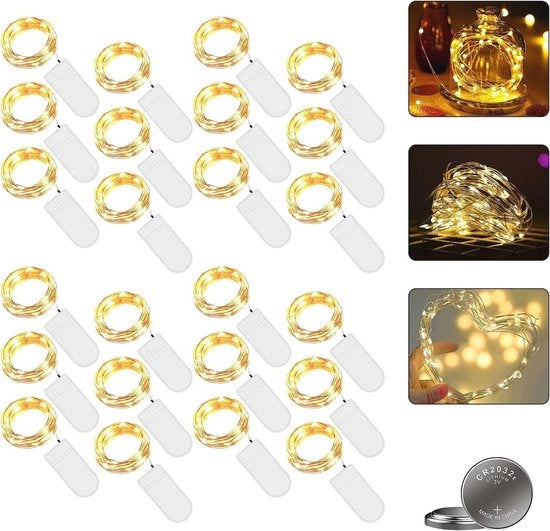 Corda di luci LED a batterie - 12 pezzi - 2 m - 20 LED - catena di filo di rame - bianco caldo - Natale festa - matrimonio - esterno DIY.