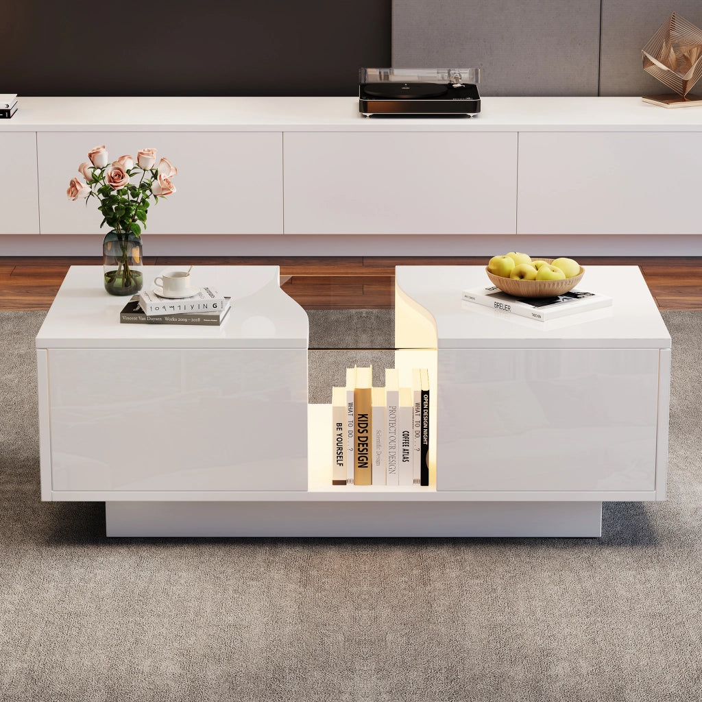 TAVOLINO da caffè LED 100x50x35 cm Bianco lucido in MDF con 2 cassetti