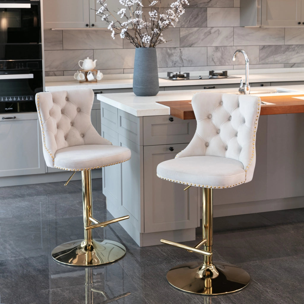 Set sgabelli da bar girevoli velluto beige ¨C Minimal ¨C base oro altezza regolabile 63,5-83,8 cm