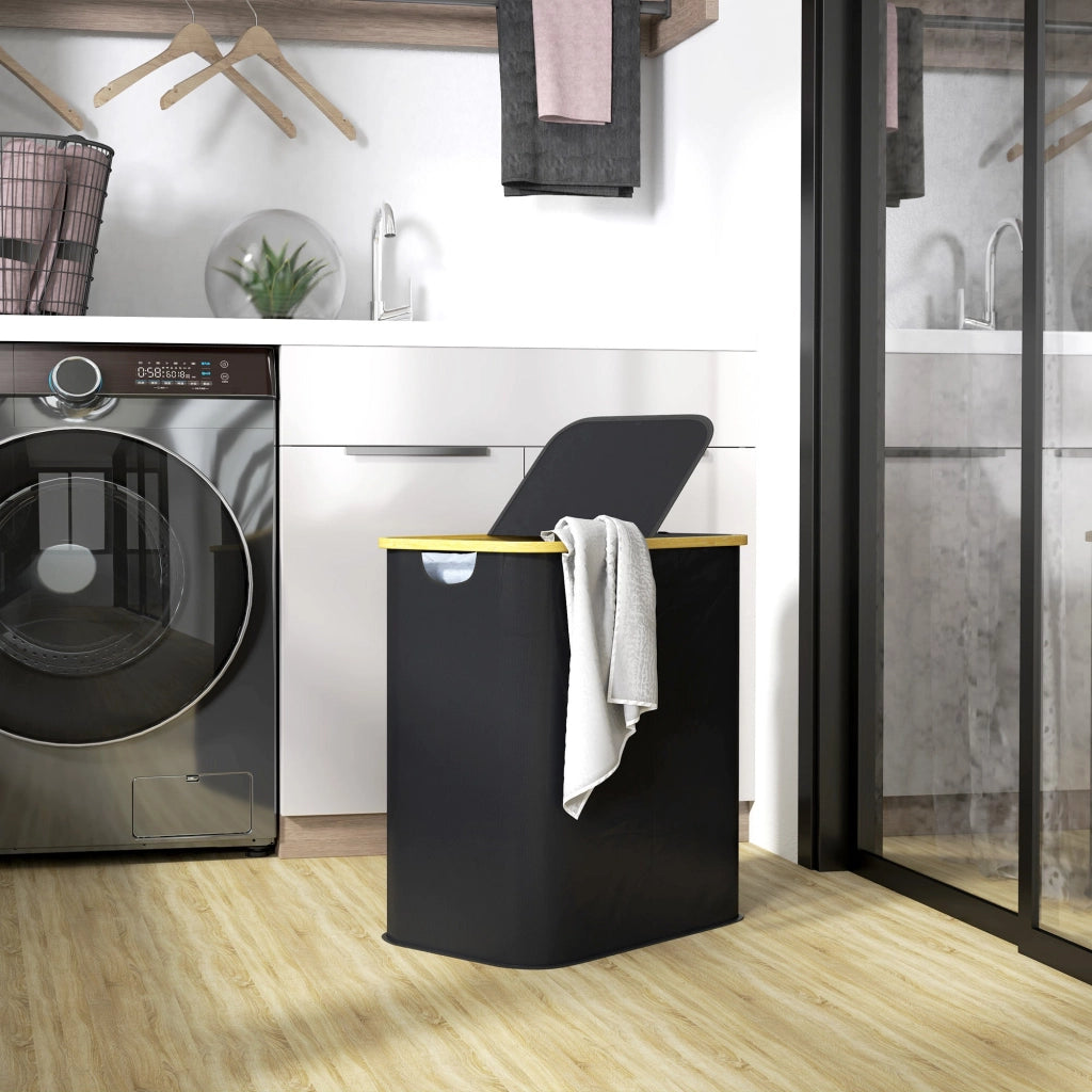 Cesto Portabiancheria da 80L a 2 Sezioni con Coperchio 54x34x58,5 cm in Tessuto non Tessuto e Bambù Nero