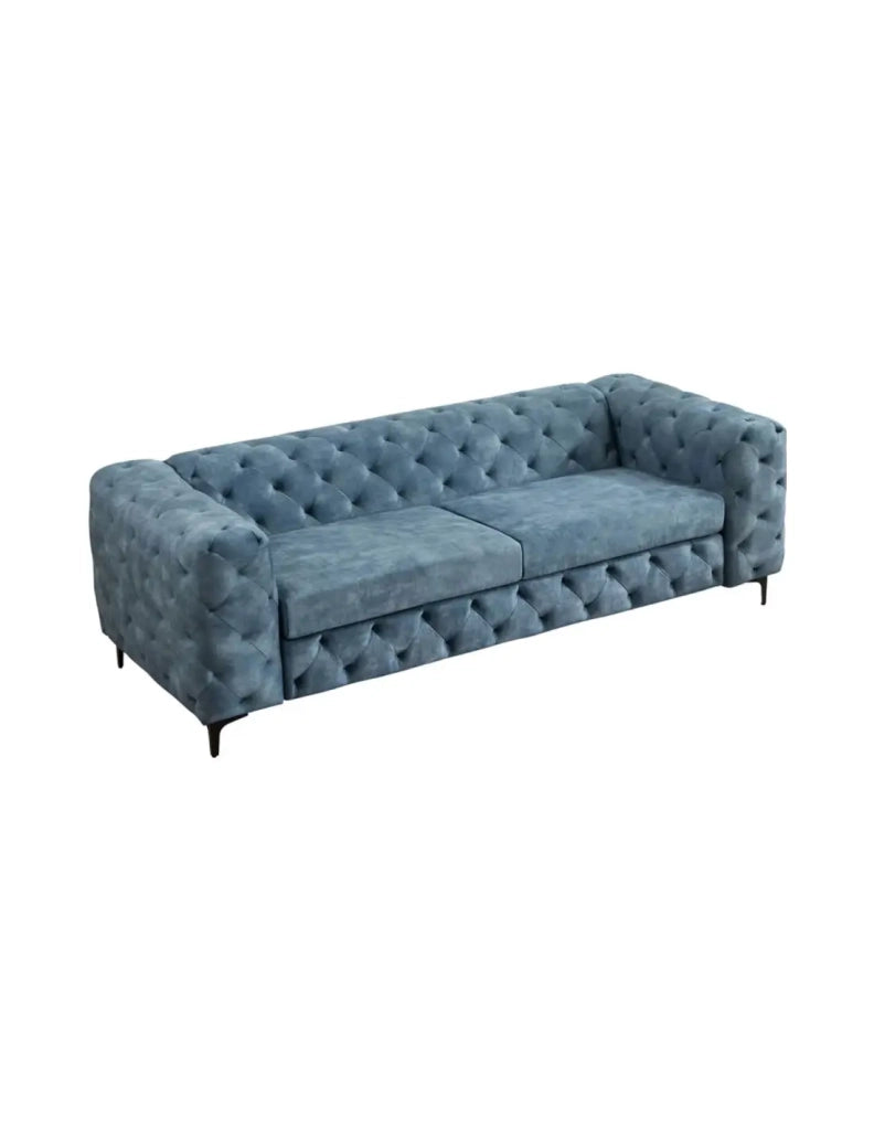 Divano dritto VELENA 3 posti in velluto trapuntato - Blu - 235 x 74 x 95 cm