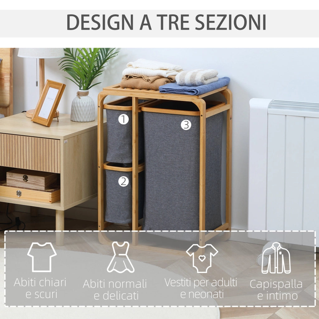 Cesto Portabiancheria 3 Scomparti Estraibili 50x32x69,7 cm in Tessuto e Bambù