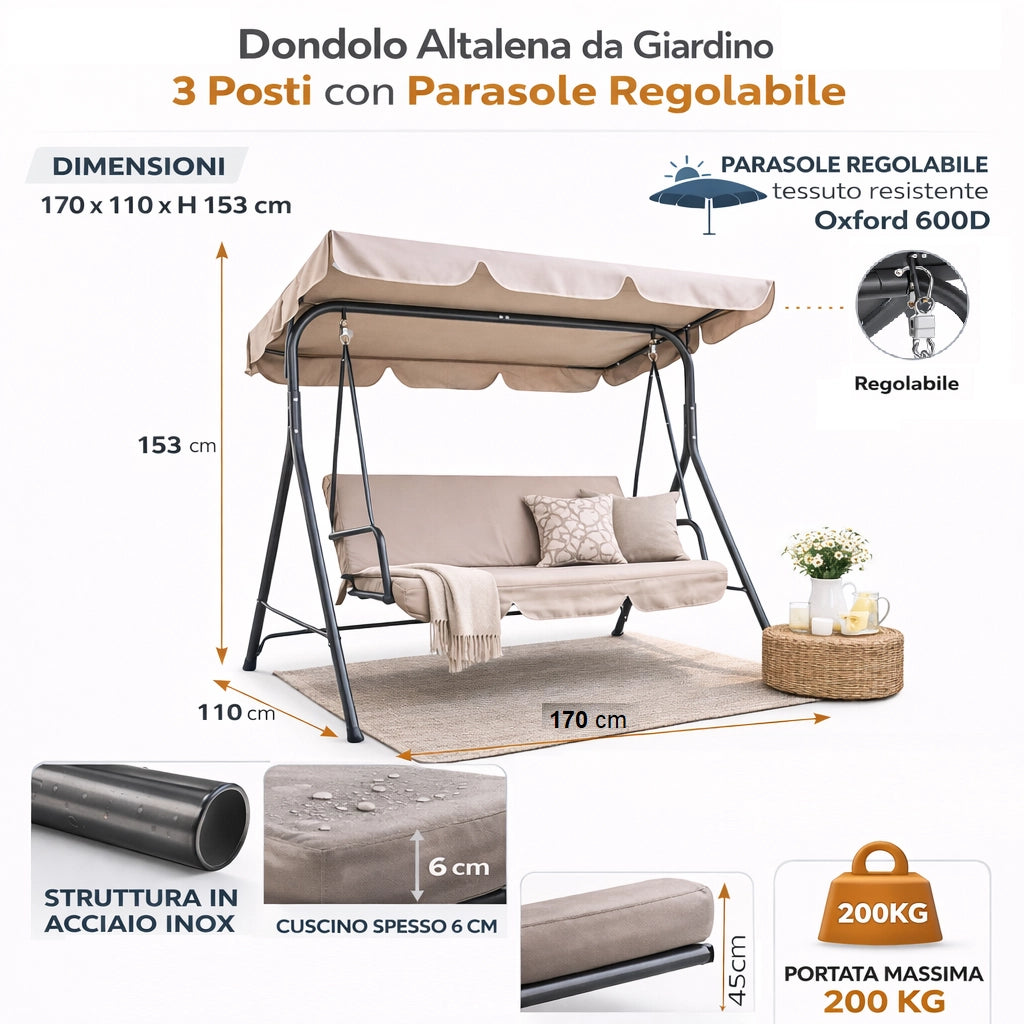 Dondolo Altalena da Giardino 3 Posti con Parasole Regolabile in acciaio Tortora