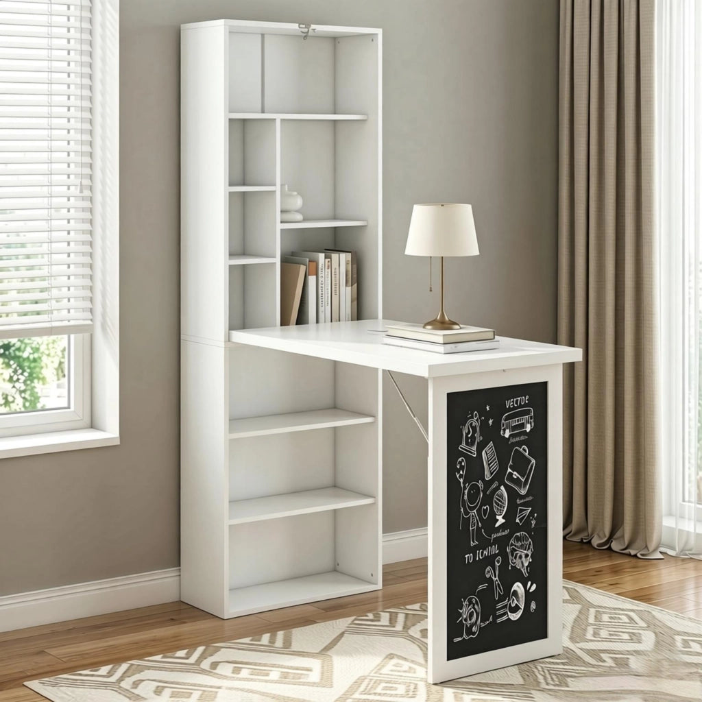 Scrivania pieghevole a parete con libreria e lavagna, 98x51x153 cm, bianco o nero