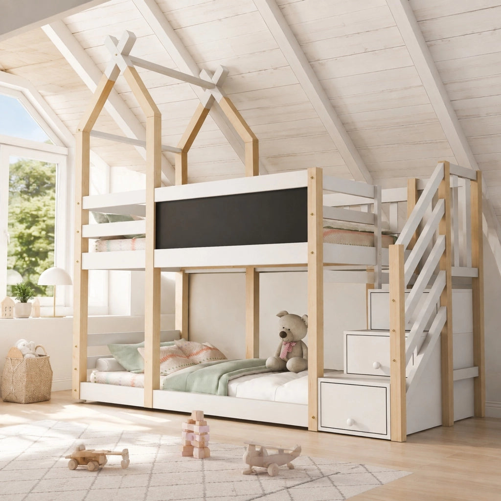Letto a castello per bambini 90x200 cm con design baita, lavagna frontale e scale contenitore, bianco