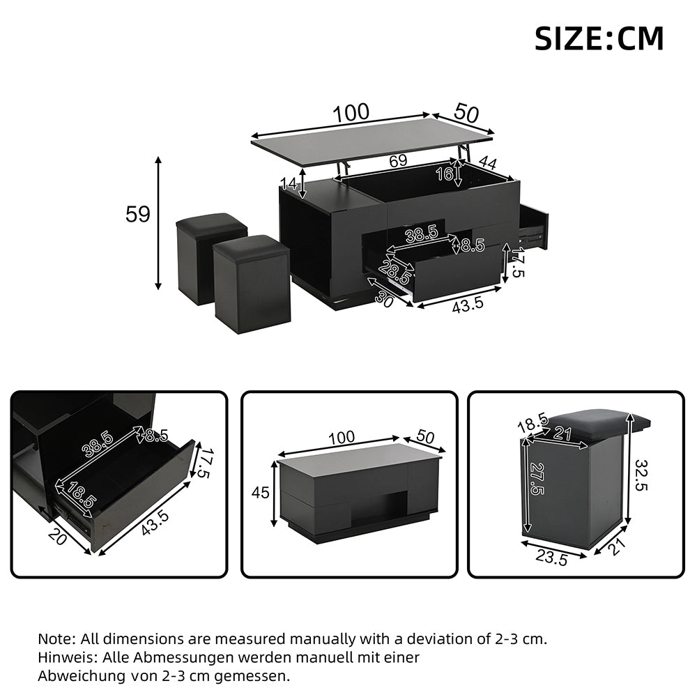 Tavolino 4 in 1 - Xylo - 100x50cm LED 2 cassetti nero