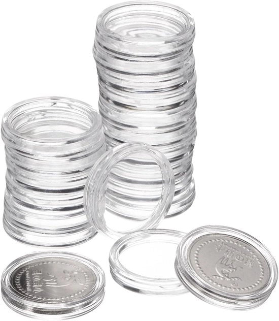 Set di contenitori per monete in plastica trasparente per 20 monete da 21 mm.