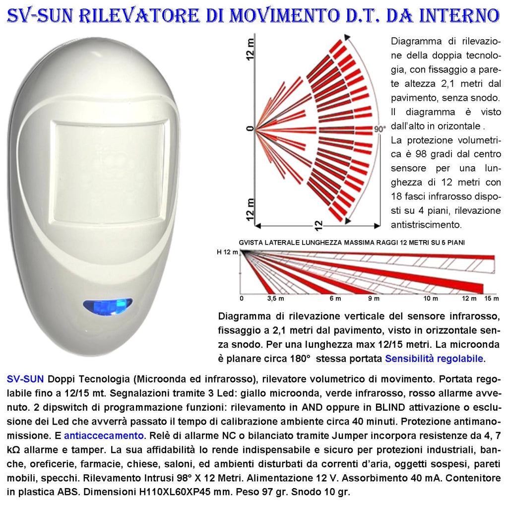 Rileva il Movimento di Ladri 3 Doppia Tecnologia Grandangolo Per Antifurto Portata 12 MT da Interno Alimen. 12 V Assorb. 40 mA Infrarosso Lente 18 Fasci su 4 Piani ERS Contenitore Bianco Snodo ABS