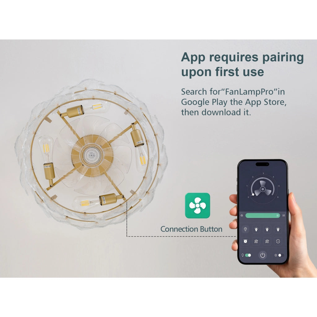 VENTILATORE DA SOFFITTO CON LUCE 55x55x23,5 cm Oro/Vetro, app e telecomando