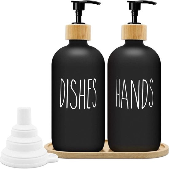 Set di Detersivo per Vasca e Cucina in Vetro con Ciotola in Bambù - 500ml