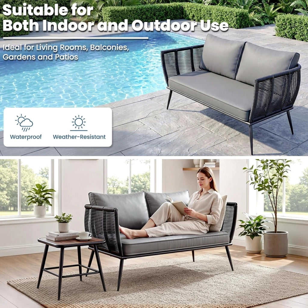 Divano in rattan a 2 posti, per balcone, nero, divano, piccolo balcone, giardino d'inverno, terrazza, mobili per interni ed esterni, resistente alle intemperie, panca con schienale