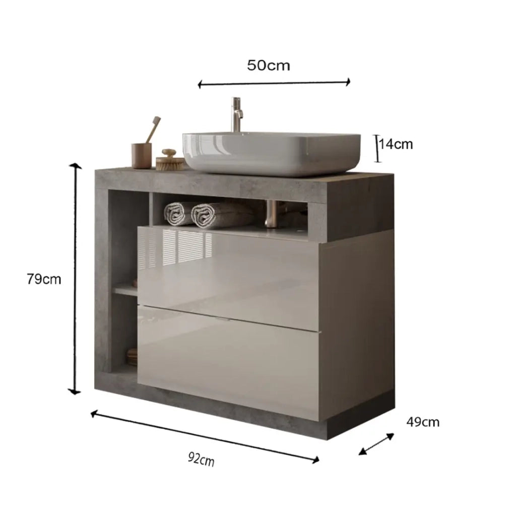 Mobile da bagno con un lavabo e 2 cassetti, lunghezza 92 cm, collezione BURA. Colori bianco lucido e cemento.