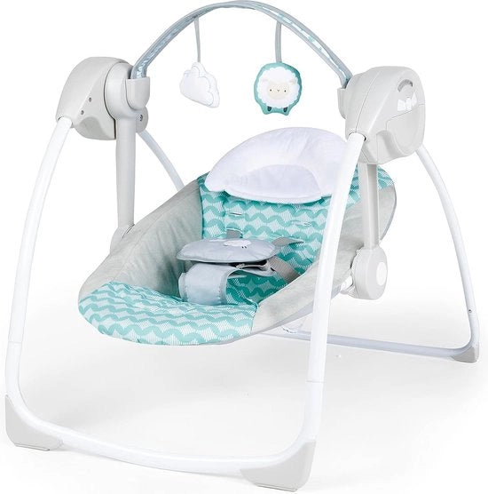 Schommel compatta, 6 velocità, arco di gioco con 2 accessori, cintura di sicurezza a 5 punti, per bambini da 3 mesi a 9 kg