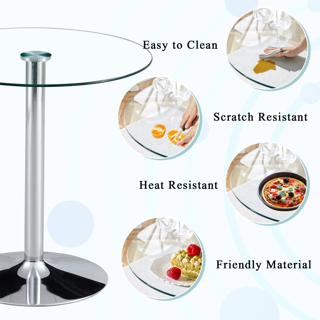 Tavolo da bistrot in vetro trasparente con base in metallo, per home bar e locali, diametro 89 cm, altezza 92 cm