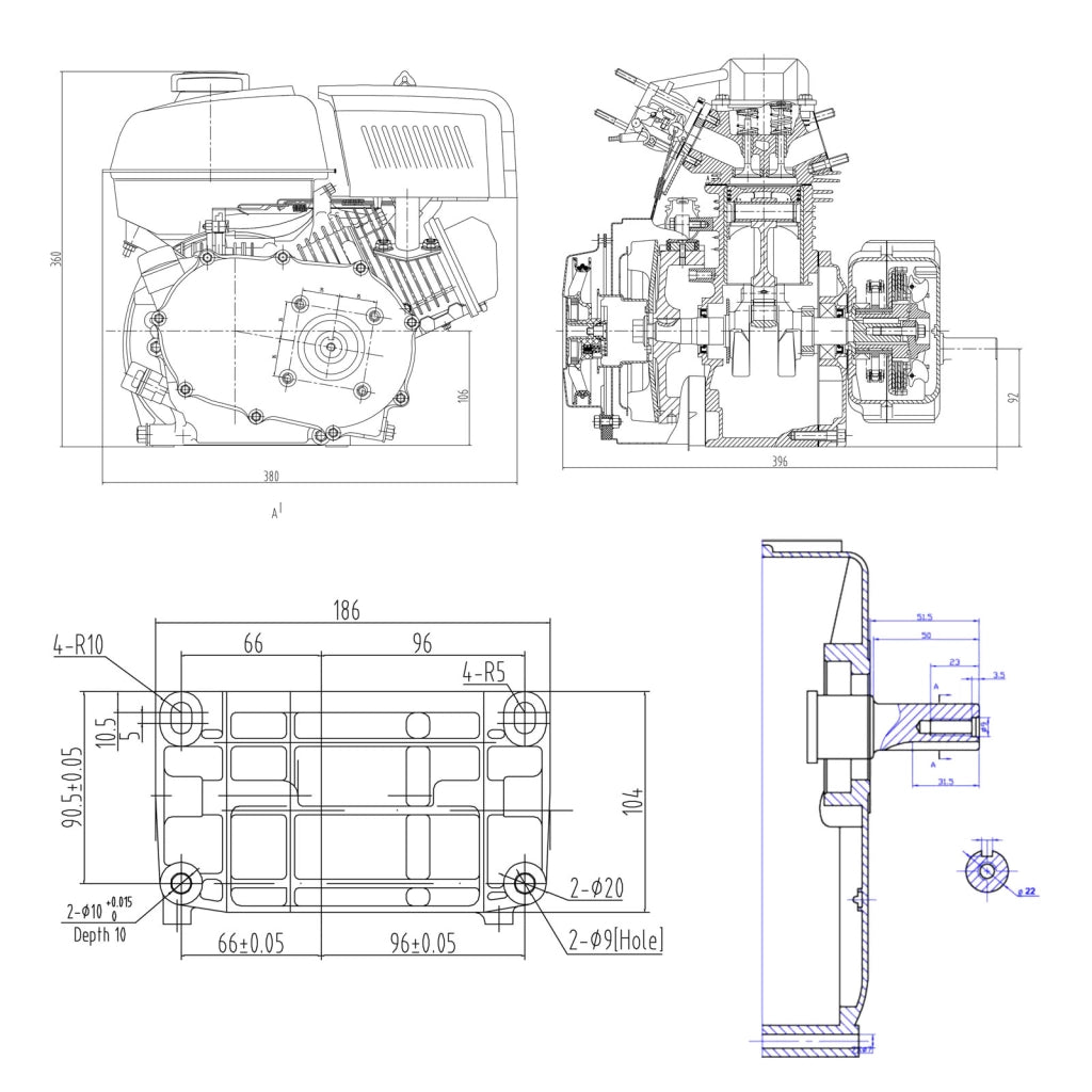 LIFAN 168 Motore a benzina 4,8 kW 6,5 CV 196 ccm con frizione a bagno d´olio riduzione 2:1 E-Starter