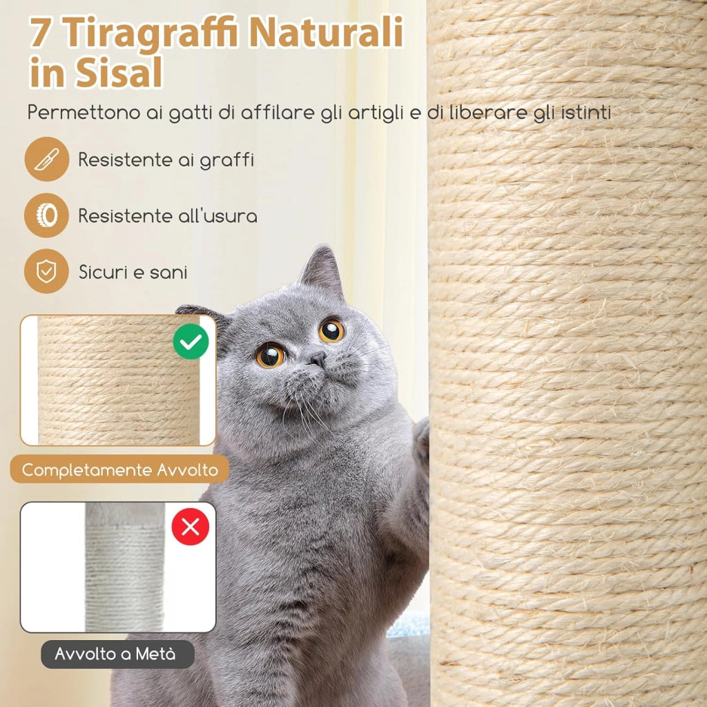 Albero per Gatti 151 cm, Tiragraffi per Gatti Adulti con Condo a 2 Piani, Tiragraffi in Sisal e Tappetino, Amaca e Cuscino, Mobile per Animali Domestici