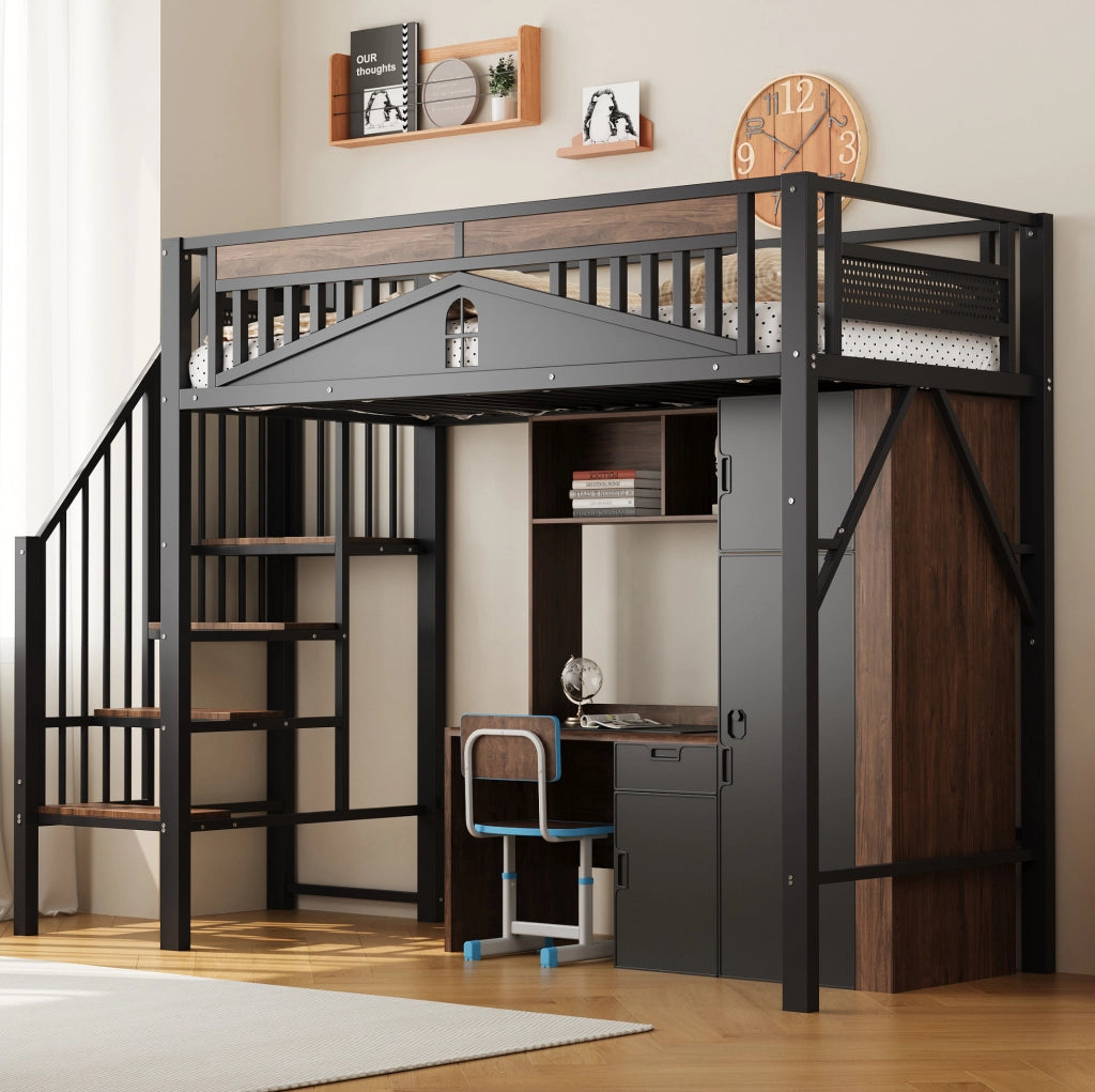 Letto a soppalco 90x200 cm con scala di sicurezza e vani portaoggetti in metallo nero