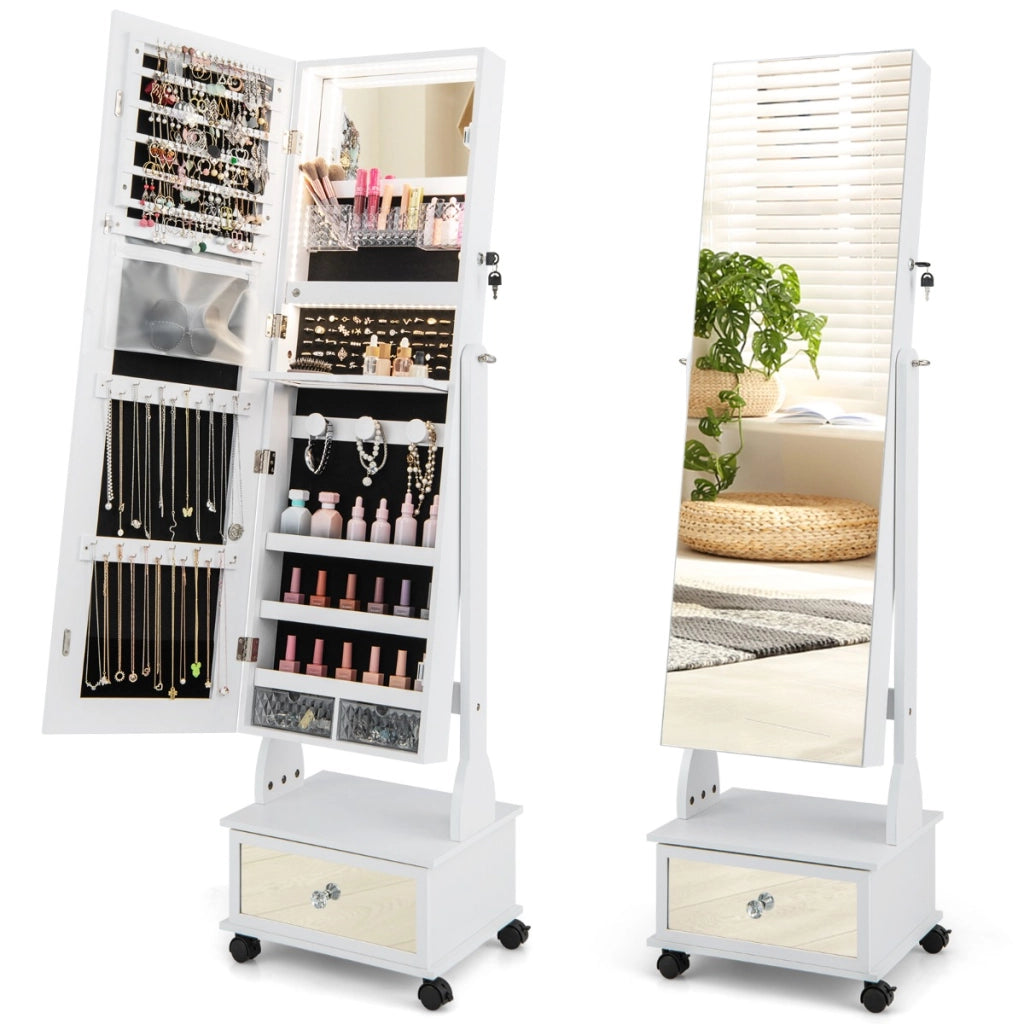 Armadio portagioie con ruote luci LED specchietto trucco ripiano pieghevole, Armadietto portagioie alto 159cm Bianco-Armadietti per gioielli