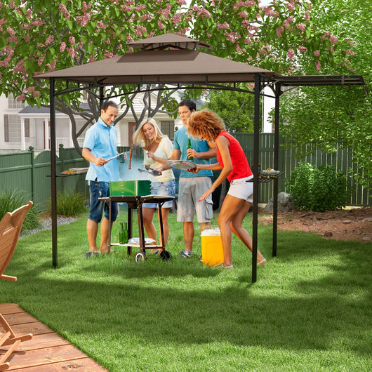 Gazebo per barbecue 250 x 203cm con tendalino laterale tetto a 2 livelli 2 ripiani laterali-Rifugio per barbecue Marrone