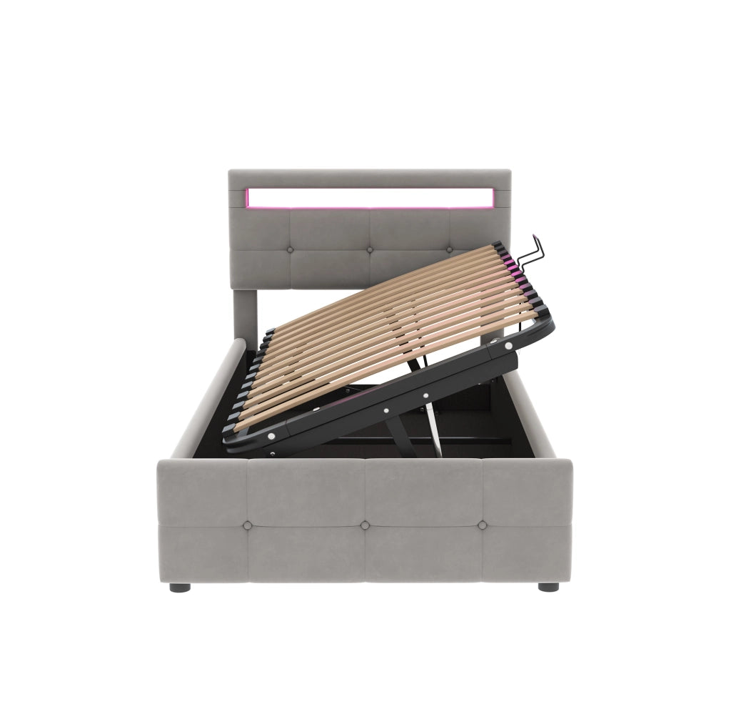 Letto imbottito 90x200 cm con LED, contenitore idraulico e velluto grigio
