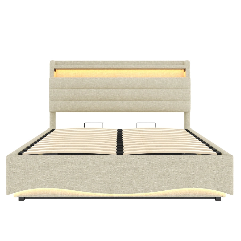 Letto imbottito ULEVR 140x200 cm beige con contenitore idraulico, LED, USB e Type-C in lino