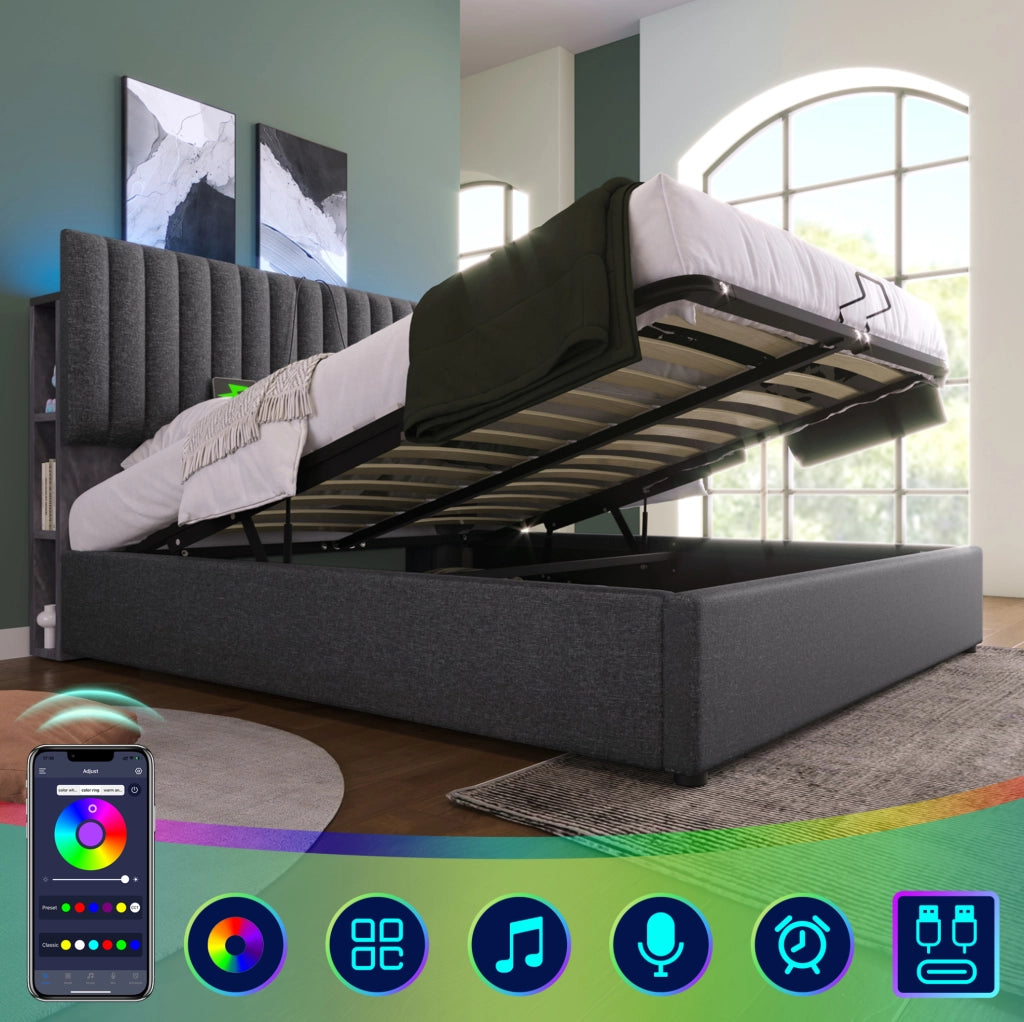 Letto matrimoniale imbottito ULEVR 160x200 cm con contenitore, LED con app, USB e Type-C, grigio
