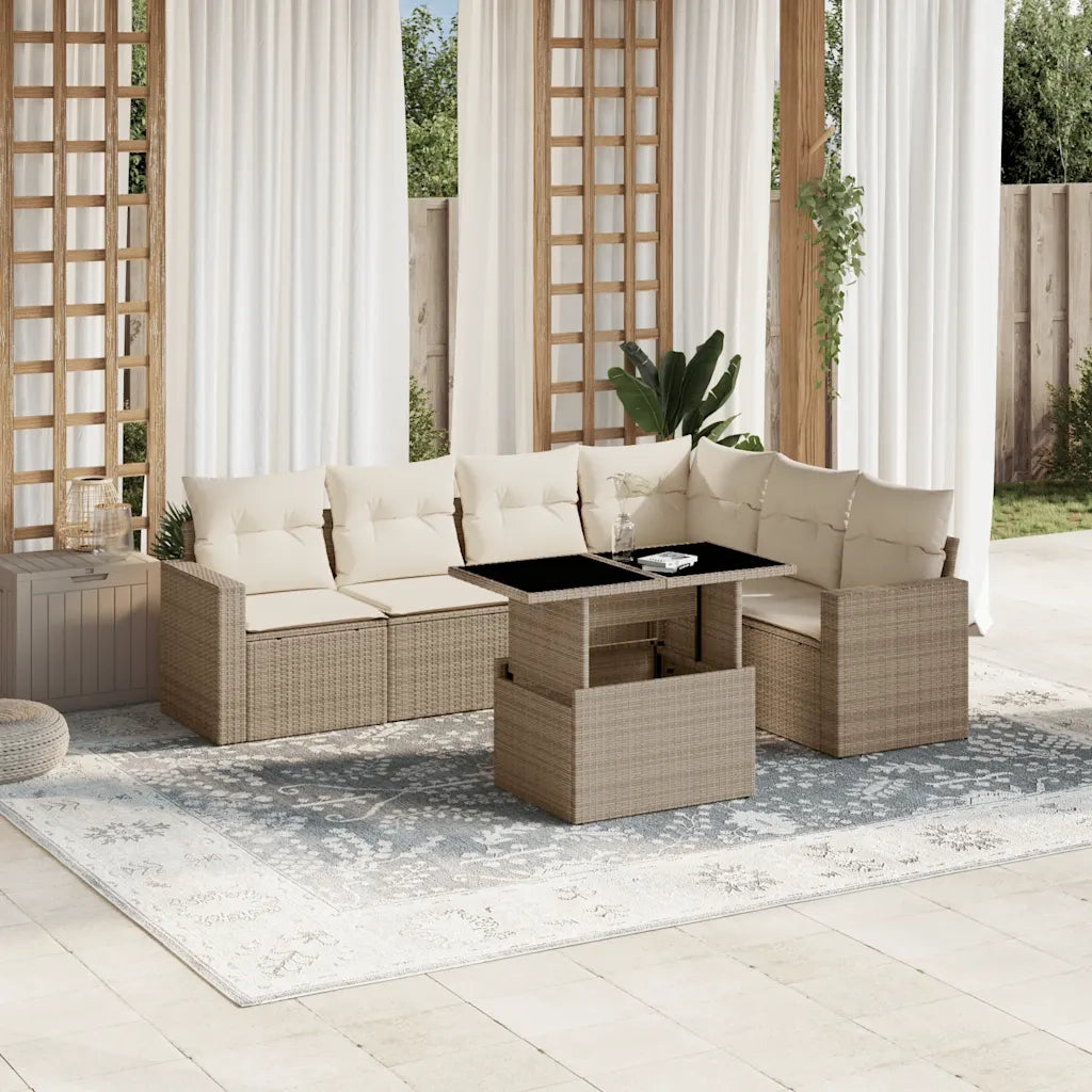 Set Divani da Giardino 7 pz con Cuscini Beige in Polyrattan