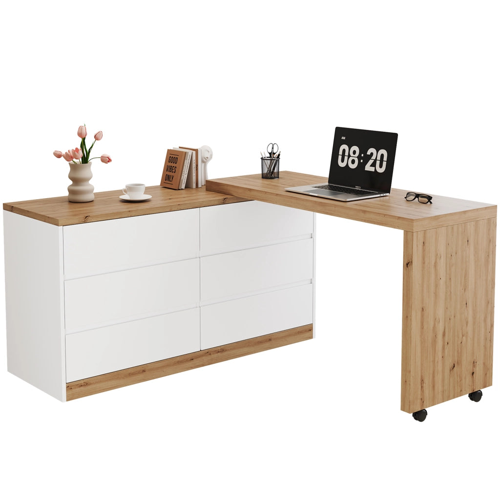 Scrivania girevole 2 in 1 con sideboard, 120 x 50 cm, 6 cassetti, bianco/effetto rovere, struttura in truciolare