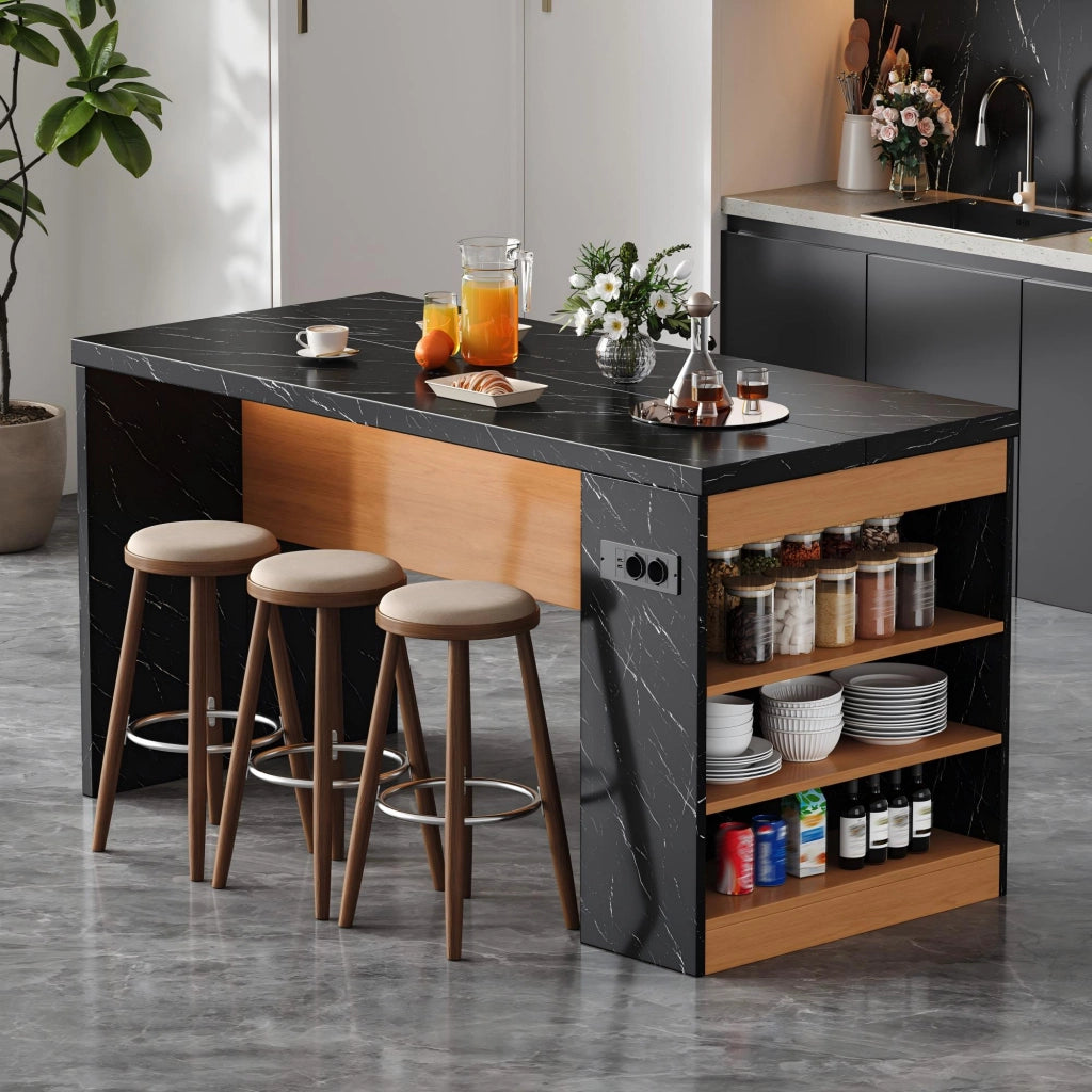 Carrello da cucina con 3 vani aperti; prese 2 AC 2 USB e LED; per cucina e sala da pranzo; 155 × 80 × 90 cm