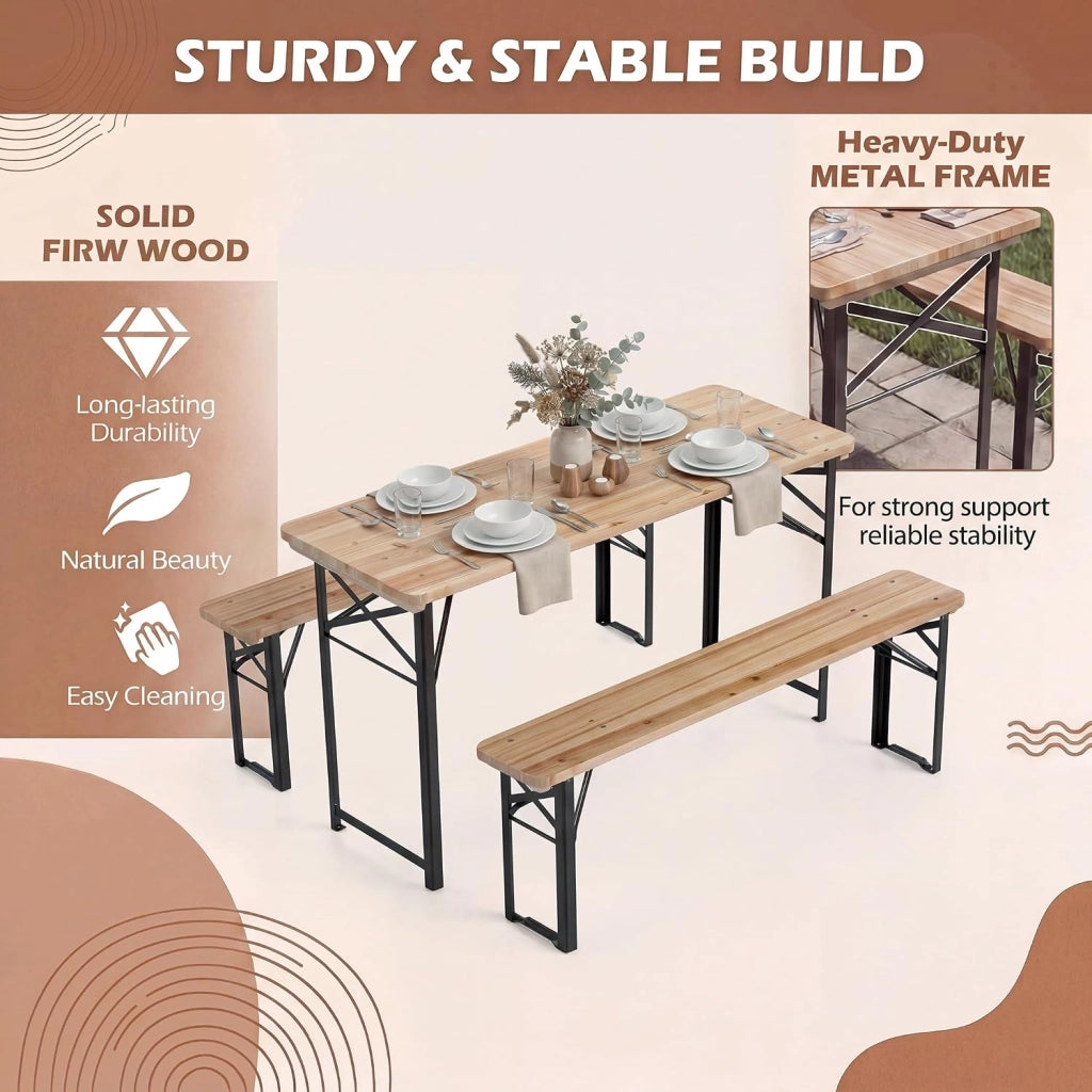 Tavolo e Panche da Birreria Pieghevoli in Legno Massello, Gambe in Metallo Resistenti, Set da Giardino Esterno per 4 Persone per Campeggio, Picnic e Incontri all'Aperto, 118 x 50 x 75 cm