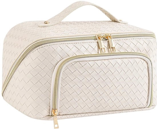 Borsa cosmetica grande, contenitore per trucchi, zaino acqua-tight in PU con grande, ampio spazio aperto per donne (vintage beige)